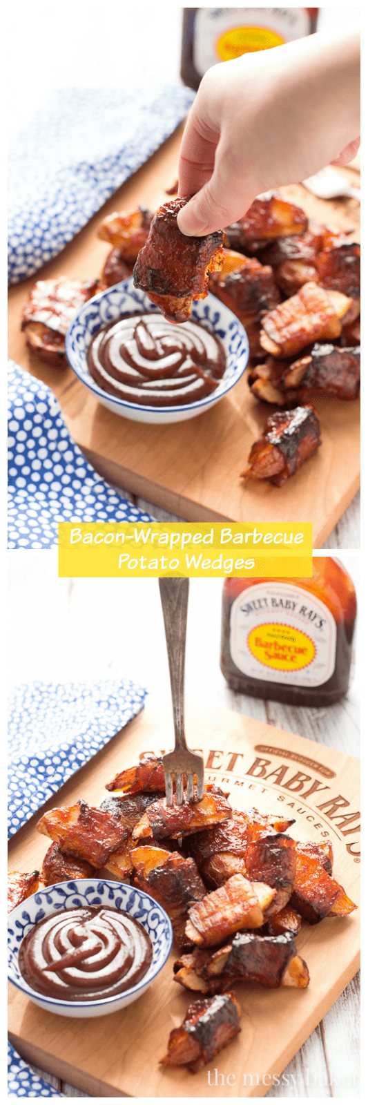 These crispy potato wedges wrapped in smoky bacon and glazed with barbecue sauce make the perfect appetizer for football, the holidays, and parties. | www.themessybakerblog.com