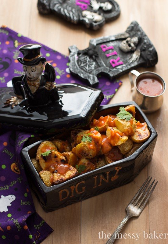 Bloody Mary Potatoes | Roasted potatoes drizzled with a Bloody Mary Reduction | www.themessybakerblog.com