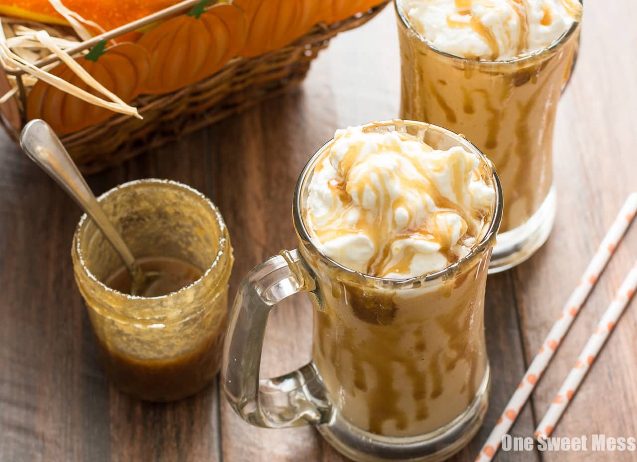 Caramel Pumpkin Pie Milkshake | A few scoops of vanilla ice cream, slice of pumpkin pie, and caramel
