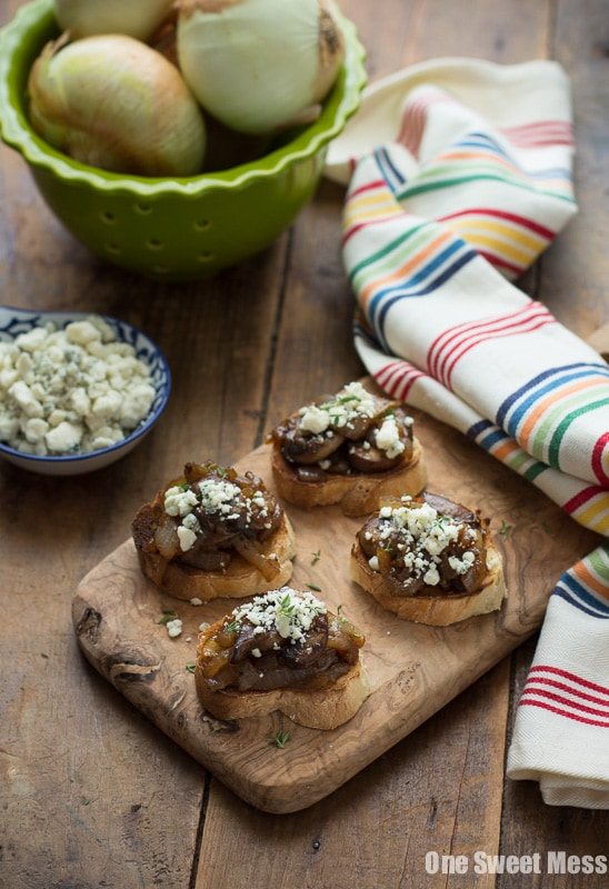 Caramelized Onion & Mushroom Crostini with Blue Cheese Crumbles