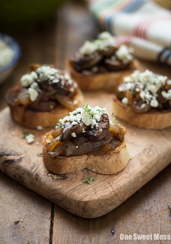 Caramelized Onion & Mushroom Crostini with Blue Cheese Crumbles