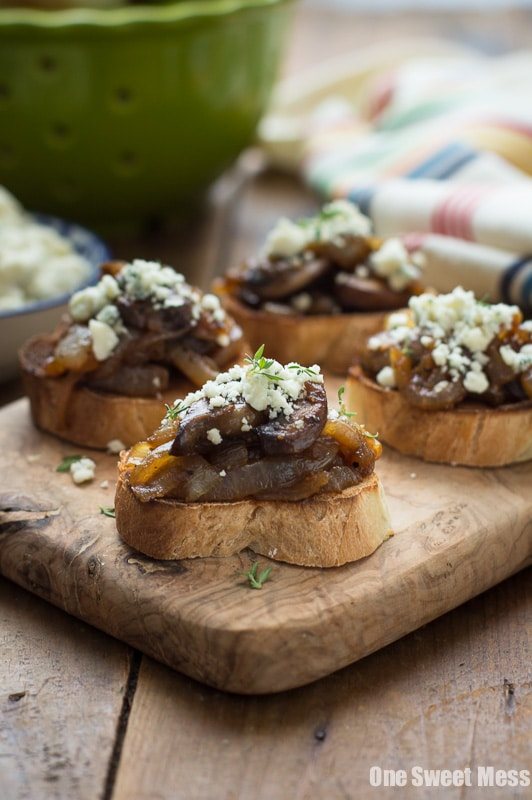 Caramelized Onion & Mushroom Crostini with Blue Cheese Crumbles