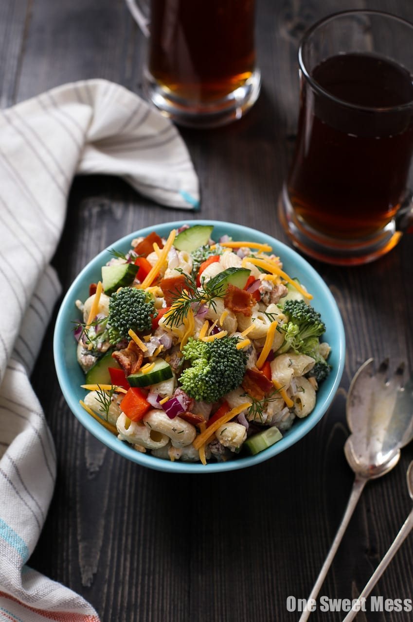 Cheddar Bacon Ranch Pasta Salad: This veggie-loaded pasta salad gets drenched with Greek yogurt ranch dressing and loaded with shredded cheddar cheese and crispy bacon crumbles.