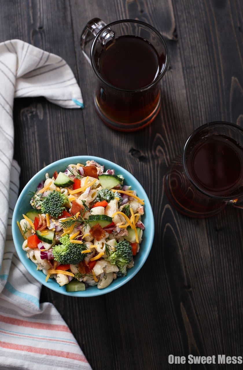 Cheddar Bacon Ranch Pasta Salad: This veggie-loaded pasta salad gets drenched with Greek yogurt ranch dressing and loaded with shredded cheddar cheese and crispy bacon crumbles.