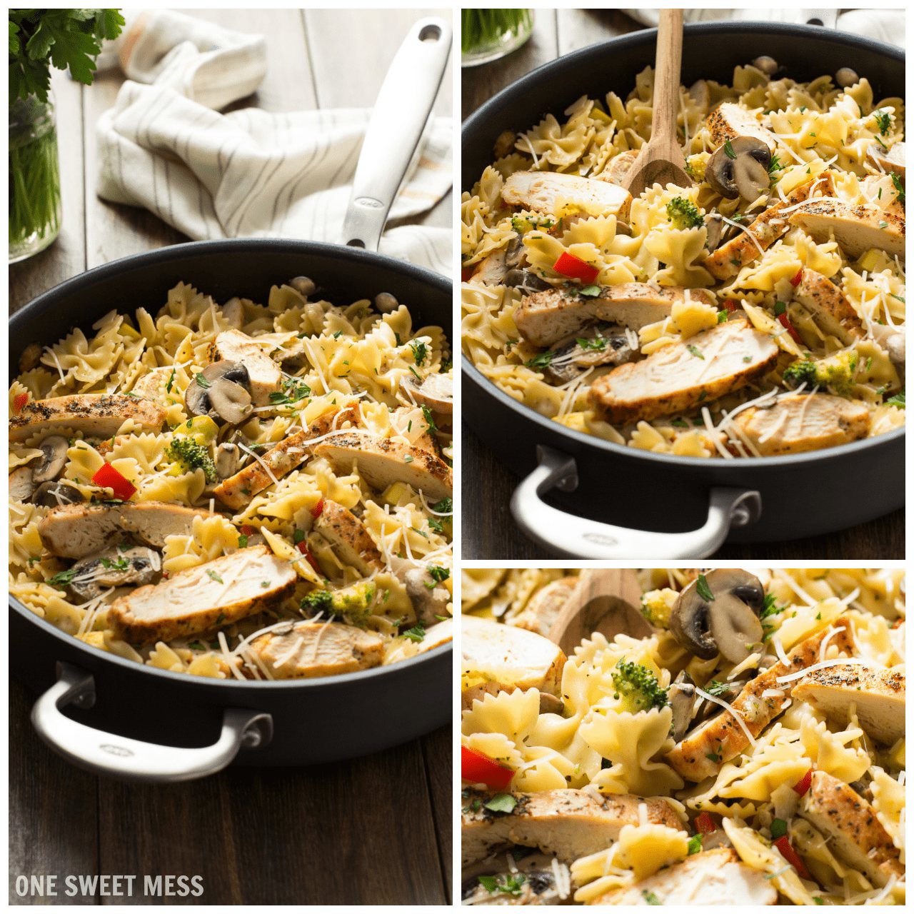 Chicken Alfredo Primavera: Hearty slices of chicken and seasonal veggies get tossed with bow-tie pasta and a creamy, cheese-y alfredo sauce. The entire dish is ready in 30 minutes