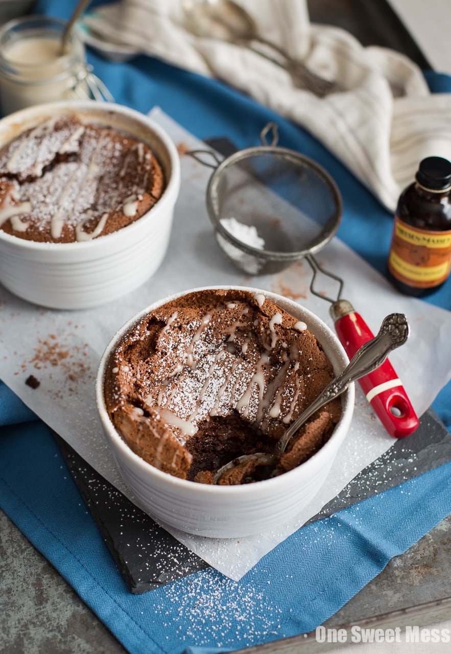 Chocolate Almond Soufflés with Amaretto Glaze