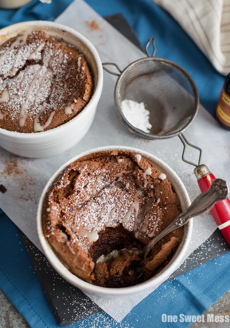 Chocolate Almond Souffles with Amaretto Glaze