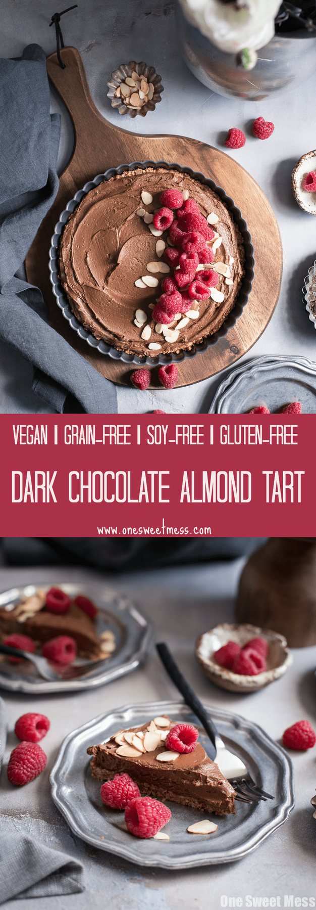 Dark Chocolate Almond Tart: This rich, creamy, ultra chocolate-y tart is vegan, gluten-free, grain-free, soy-free, and egg-free. This decadent tart is perfect for Valentine's Day.