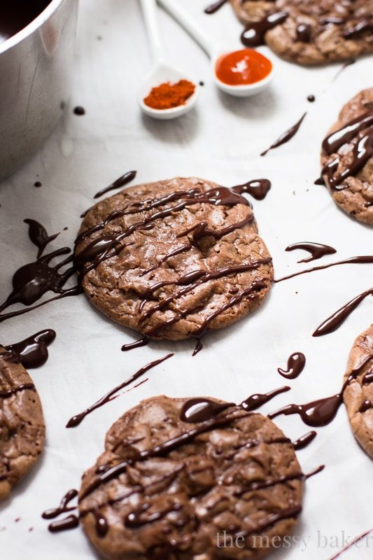 Chocolate Brownie Cookies with Sriracha Ganache | www.themessybakerblog.com