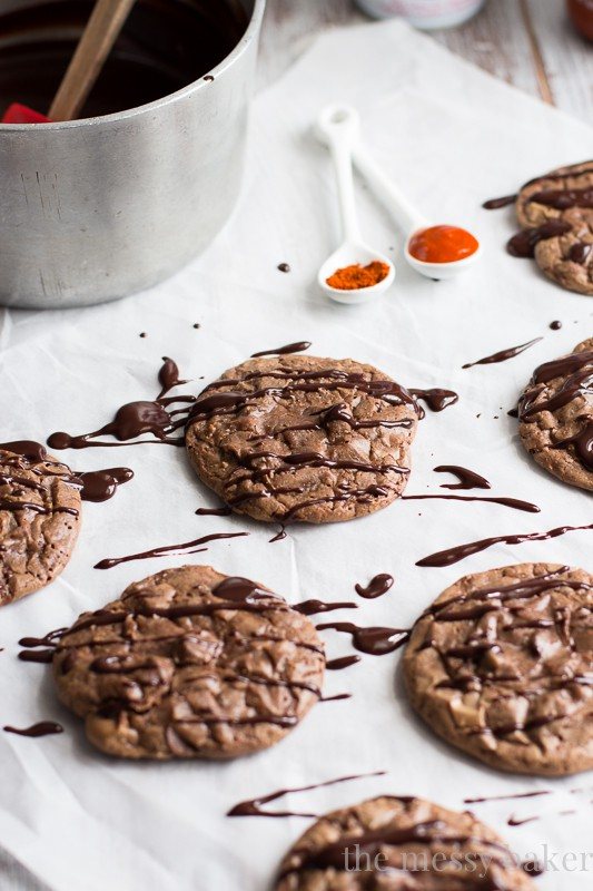 Chocolate Brownie Cookies with Sriracha Ganache | www.themessybakerblog.com
