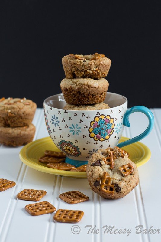 Chocolate Chip Cookie Cups with a Pretzel Crust | www.themessybakerblog.com -7968
