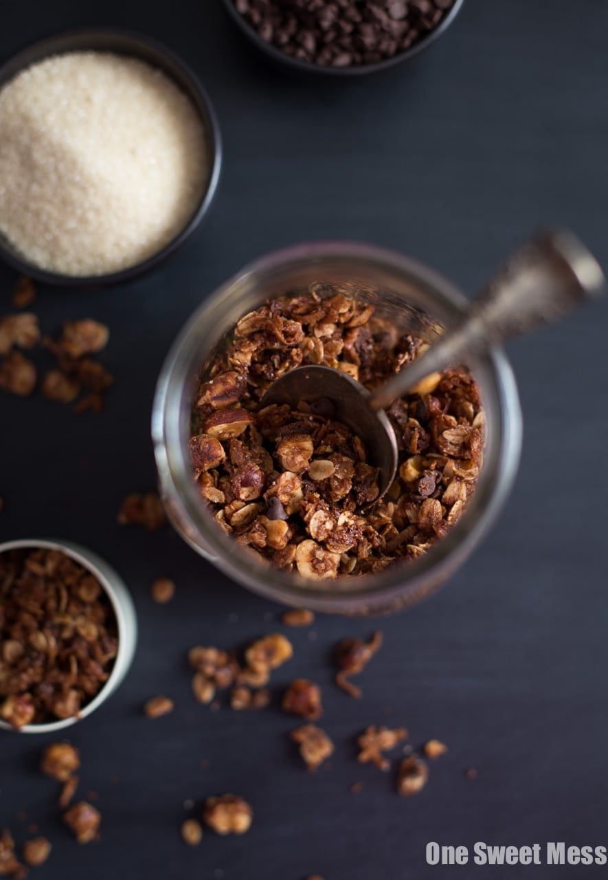 Chocolate Hazelnut Granola with Mini Chocolate Chips and a crunchy Turbinado Sugar Coating