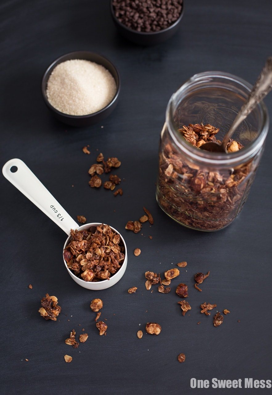 Chocolate Hazelnut Granola with Mini Chocolate Chips and a crunchy Turbinado Sugar Coating