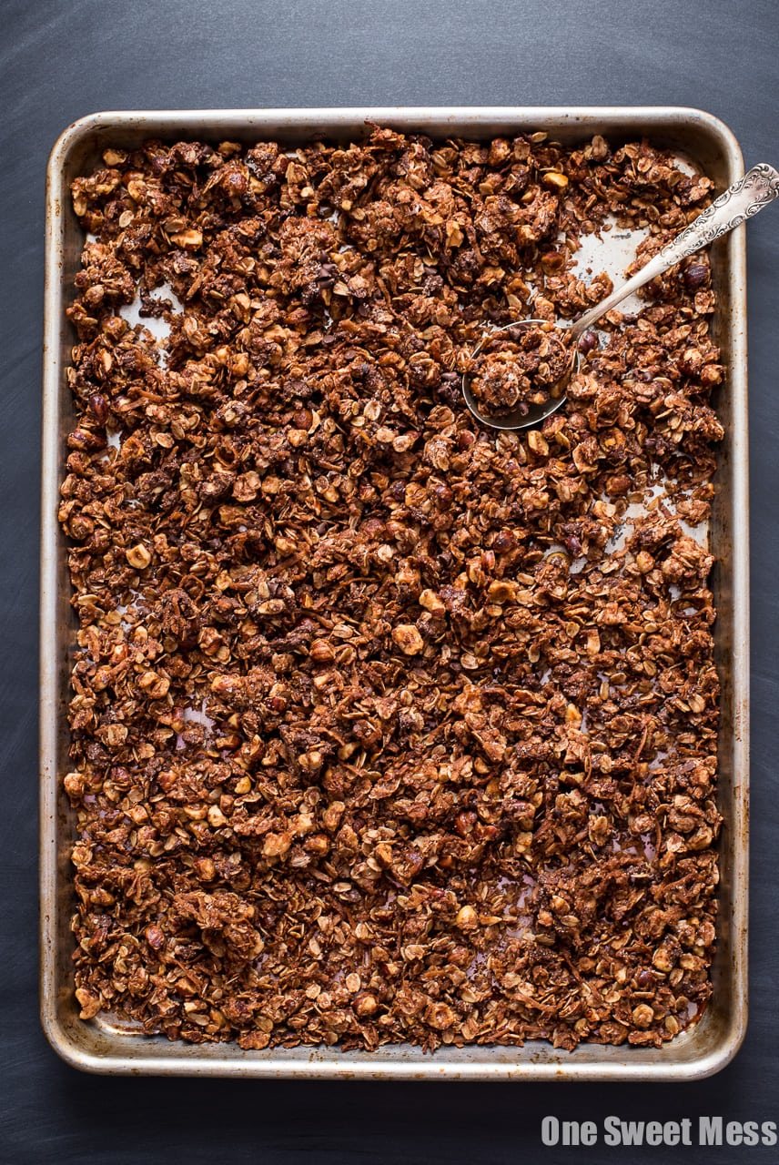 Chocolate Hazelnut Granola with Mini Chocolate Chips and a crunchy Turbinado Sugar Coating