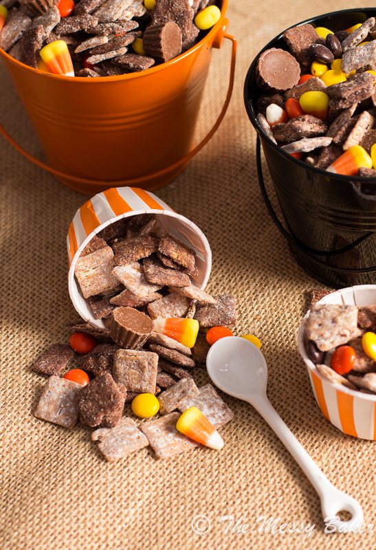 Chocolate Peanut Butter Halloween Puppy Chow | www.themessybakerblog.com -8773