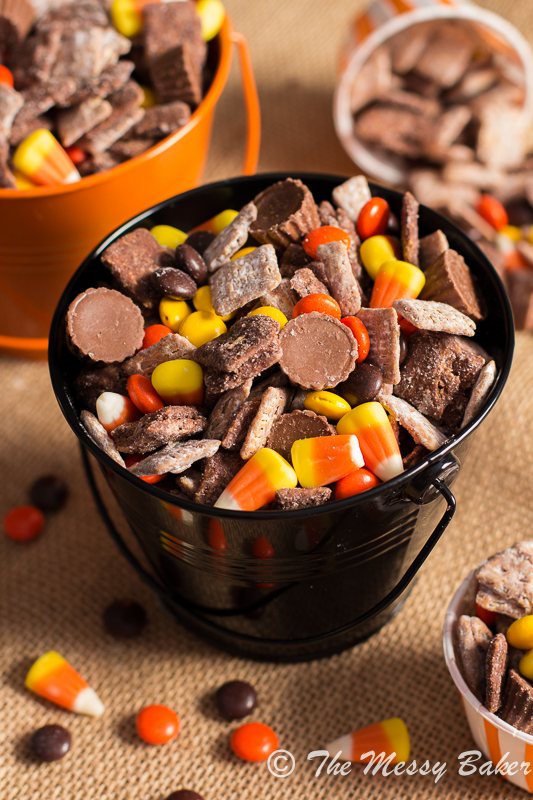 Chocolate Peanut Butter Halloween Puppy Chow | www.themessybakerblog.com -8782
