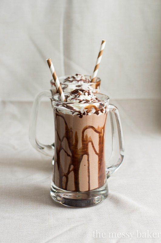 Chocolate Peanut Butter Roasted Banana Milkshake | www.themessybakerblog.com