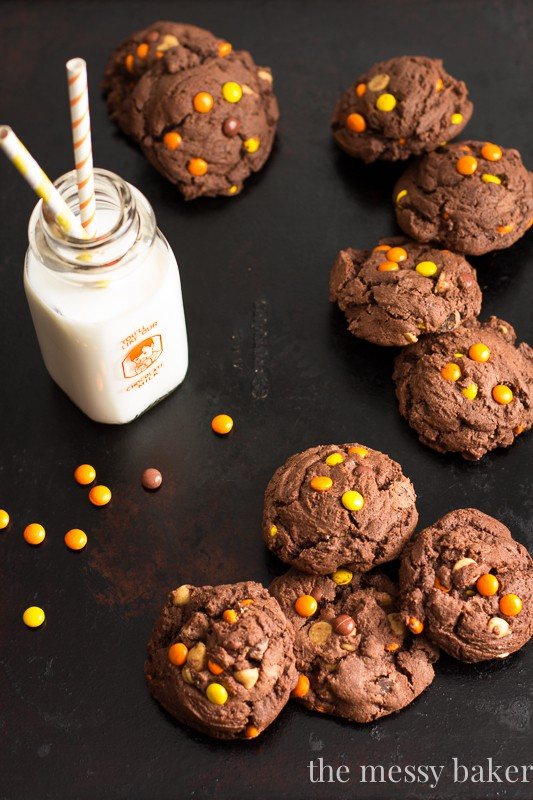 Chocolate Reese's Pieces Pudding Cookies | www.themessybakerblog.com