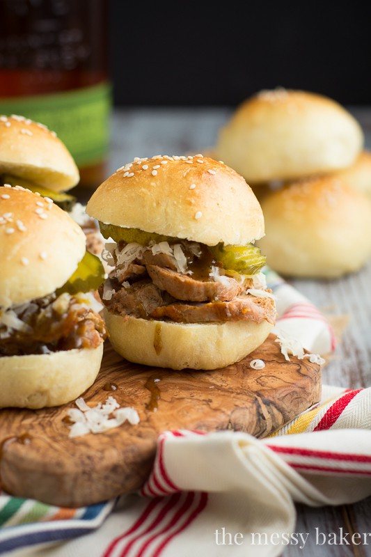 Cuban Pork Sliders with Mustard Bourbon Glaze | www.themessybakerblog.com | These meaty pork sliders come together with ease in 35 minutes.