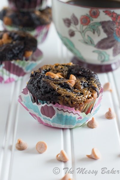 Dark Chocolate Peanut Butter Swirl Banana Muffins {www.themessybakerblog.com}-6500-2