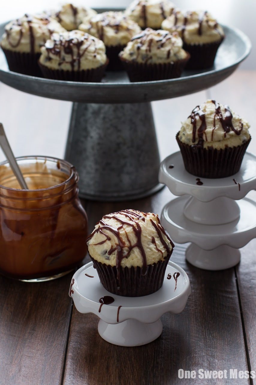 Fudge Stuffed Chocolate Chip Cupcakes with Malted Milk Buttercream Frosting