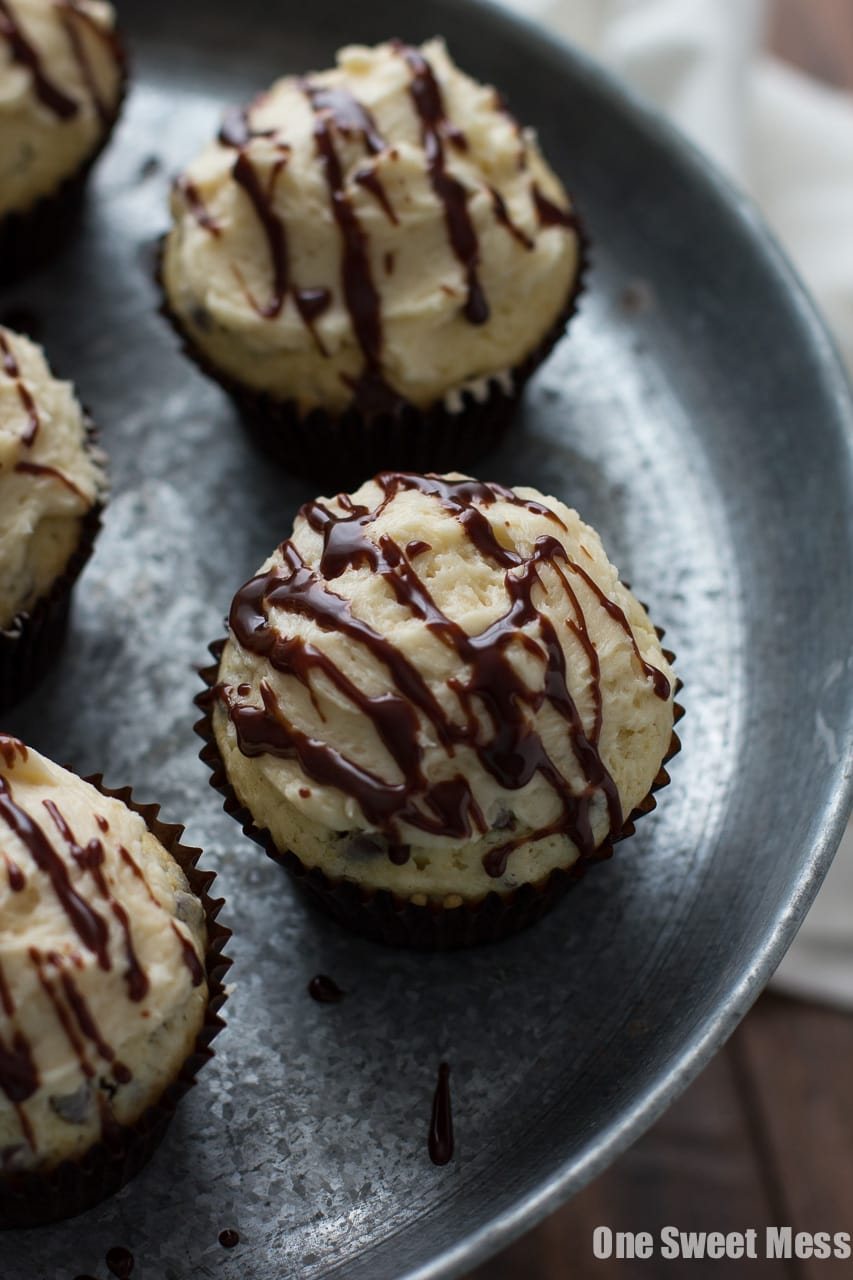 Fudge Stuffed Chocolate Chip Cupcakes with Malted Milk Buttercream Frosting