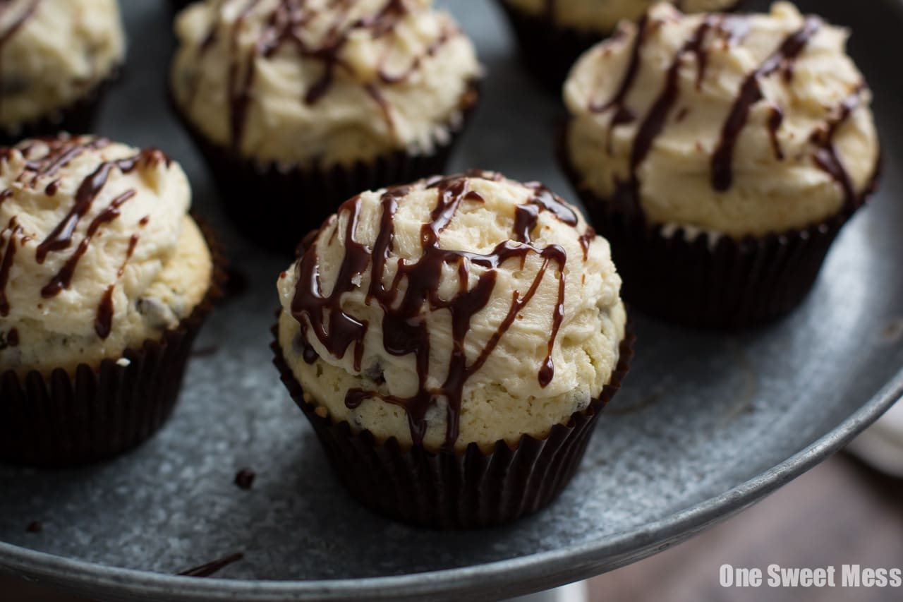 Fudge Stuffed Chocolate Chip Cupcakes with Malted Milk Buttercream Frosting
