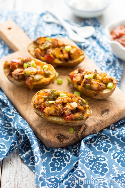 Easy Gluten-Free Chicken Fajita Potato Skins Appetizer Recipe | www.themessybakerblog.com