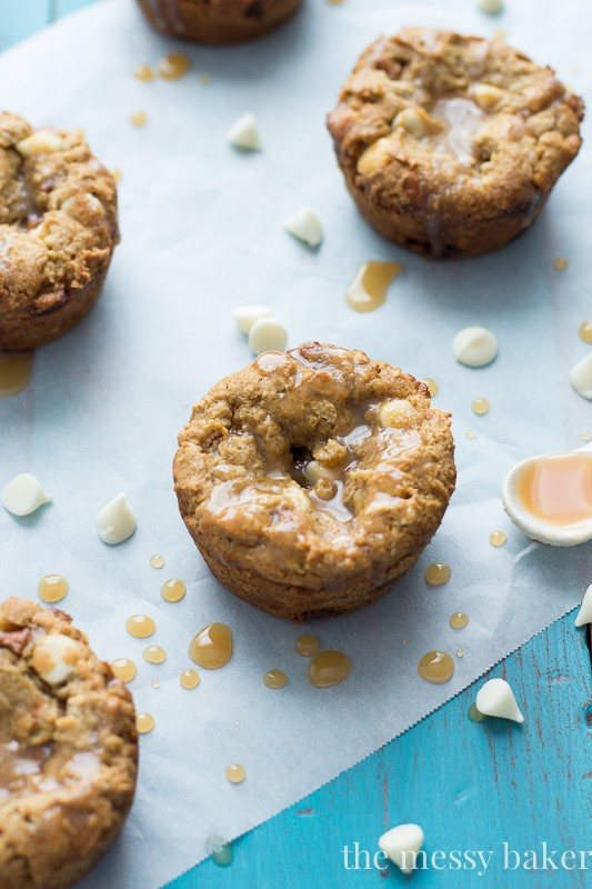 Gluten-Free White Chocolate Pumpkin Cookie Cups with Apple Cider Caramel | www.themessybakerblog.com