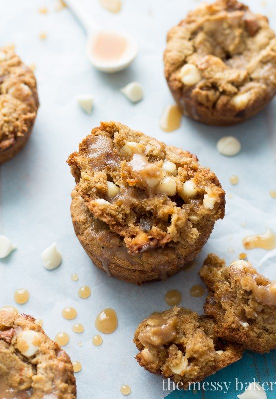 Gluten-Free White Chocolate Pumpkin Cookie Cups with Apple Cider Caramel | www.themessybakerblog.com