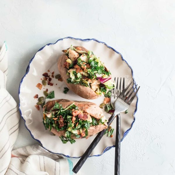 Grilled Chicken & Sweet Kale Salad Stuffed Sweet Potatoes: Loaded with grilled poppy seed dressing glazed chicken and topped with sweet kale salad tossed in warm bacon vinaigrette. Hearty, healthy and gluten-free.