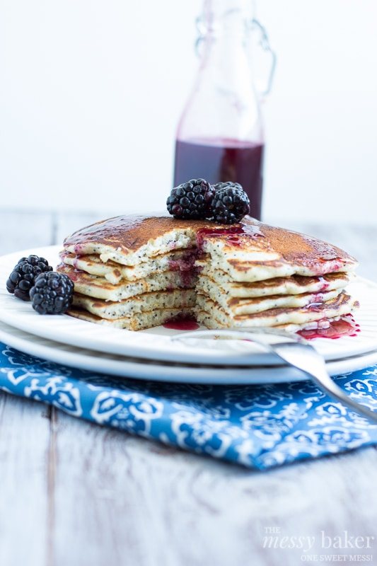 Lemon Poppy Seed Pancakes with Blackberry Maple Syrup | www.themessybakerblog.com