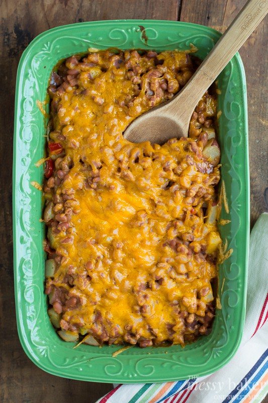 Loaded Baked Potato & Baked Bean Casserole | www.themessybakerblog.com