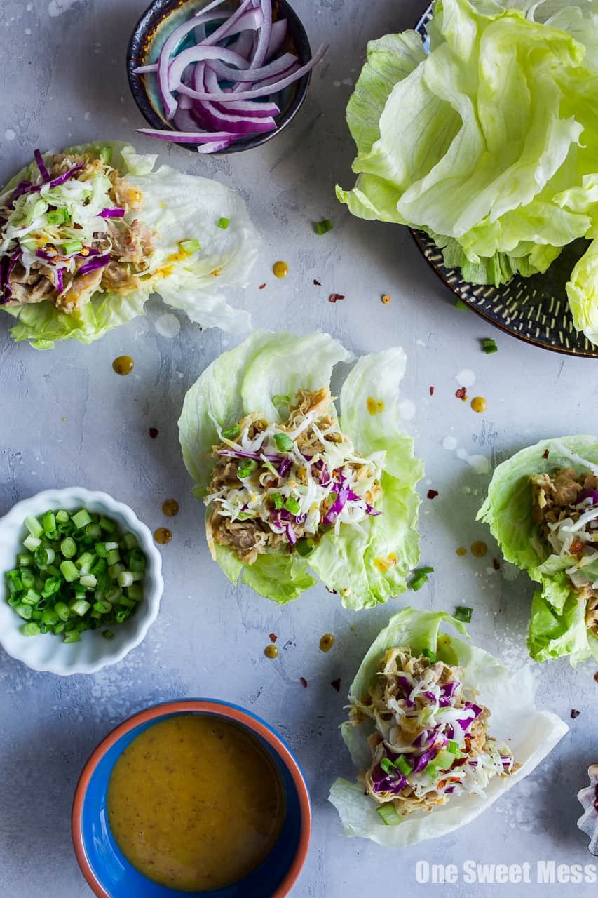 Maple Mustard Pulled Chicken Lettuce Wraps {Gluten-Free}