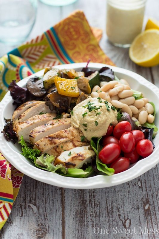 Mediterranean Chicken & Grilled Veggie Salad with Hummus and Lemon Tahini Dressing