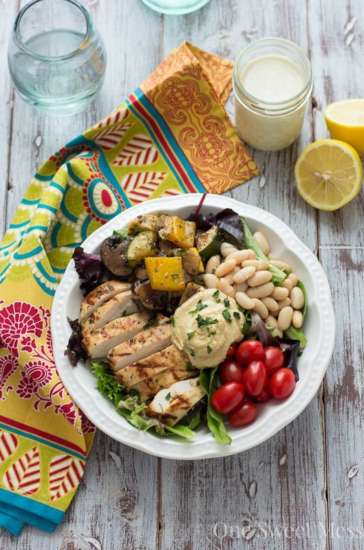 Mediterranean Chicken & Grilled Veggie Salad with Hummus and Lemon Tahini Dressing