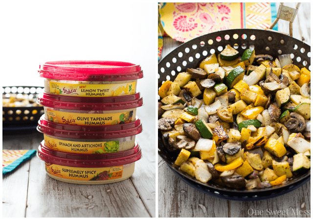 Mediterranean Chicken & Grilled Veggie Salad with Hummus and Lemon Tahini Dressing