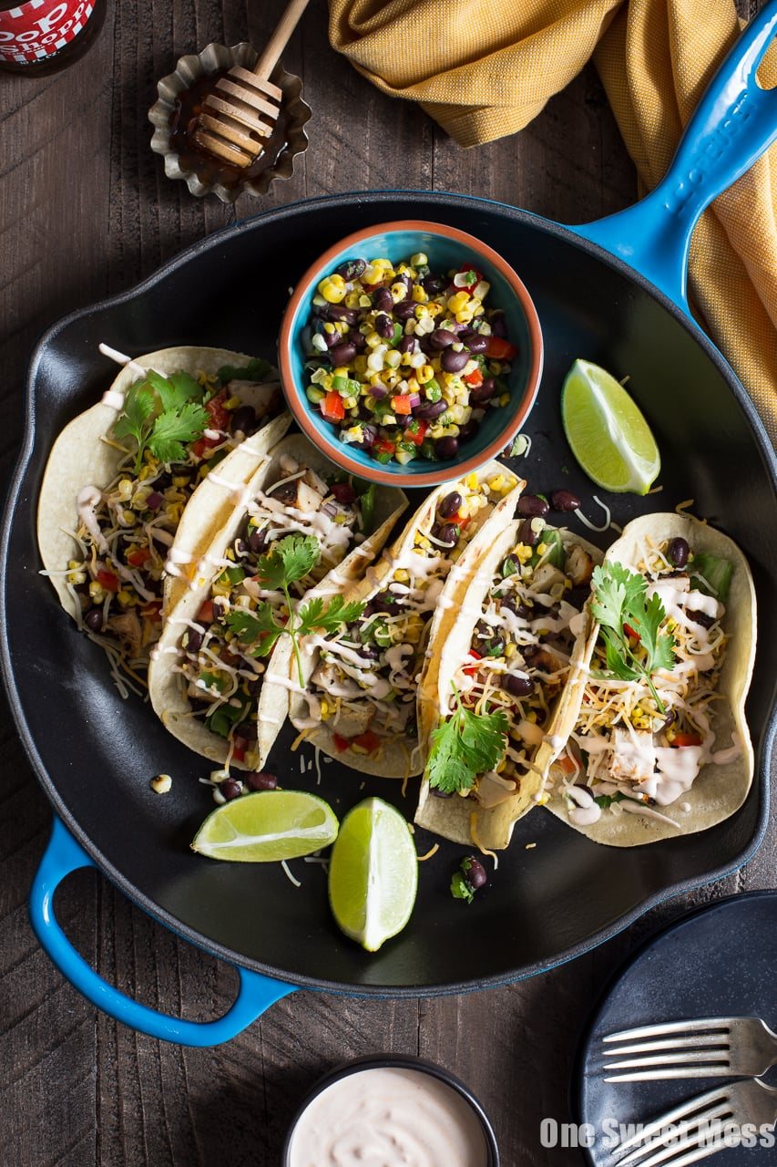 Mesquite Grilled Chicken Tacos with Honey Hot Sauce Crema