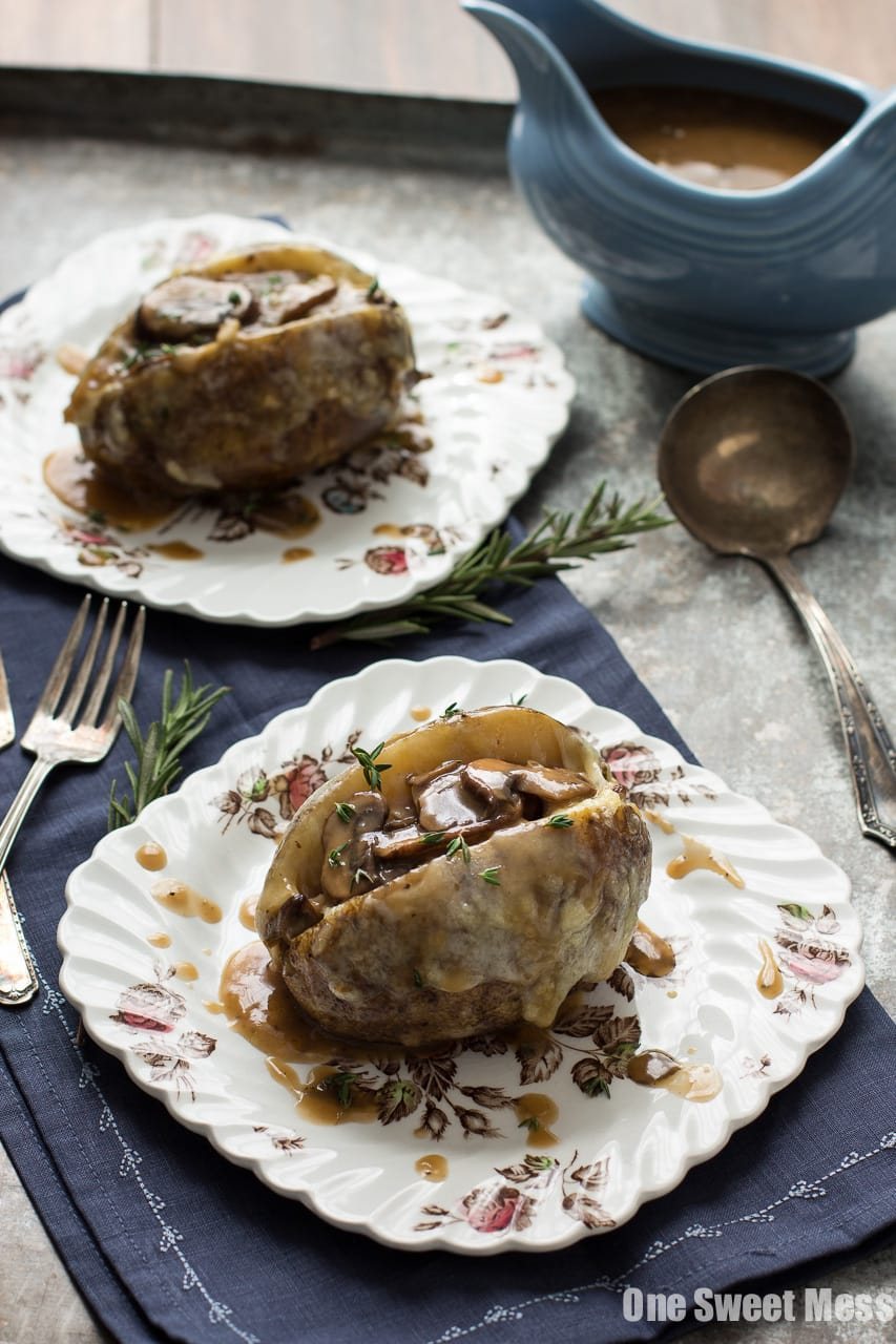 Mushroom Gravy & Swiss Cheese Stuffed Baked Potatoes