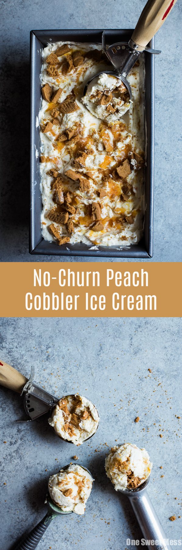 No-Churn Peach Cobbler Ice Cream: Layers of creamy vanilla ice cream, homemade peach bourbon compote, and crunchy biscoff cookies. No ice cream machine required for this easy summer treat!