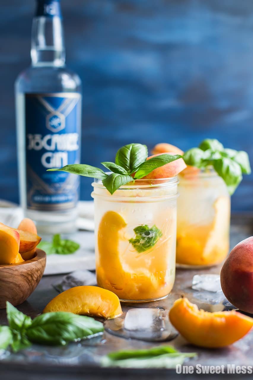 Peach Basil Gin Fizz Cocktail