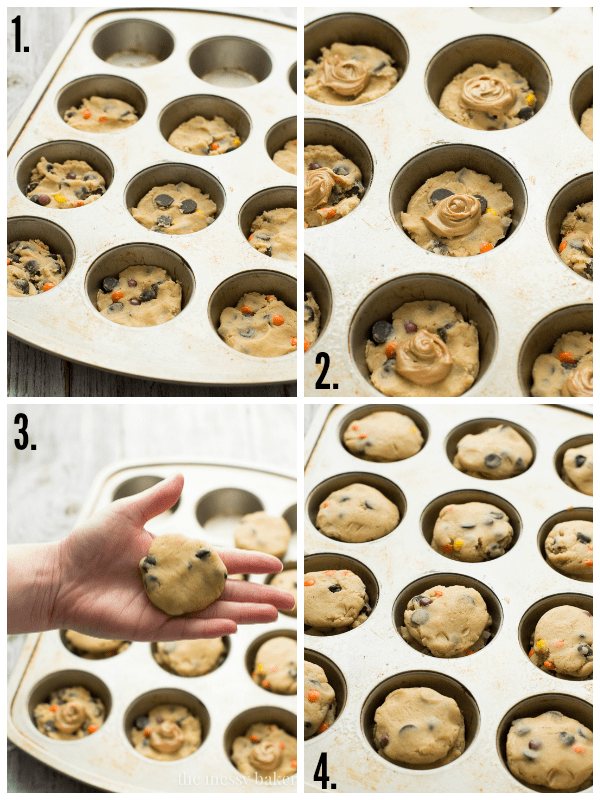 Peanut Butter Stuffed Chocolate Chip Cookie Cups | www.themessybakerblog.com