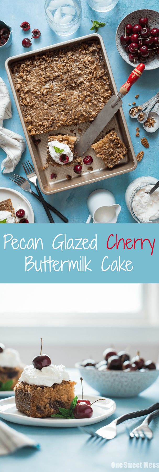 Pecan Glazed Cherry Buttermilk Cake: This summer-inspired cake is ultra moist with a crackly pecan glaze. This simple cake is perfect for summer entertaining.