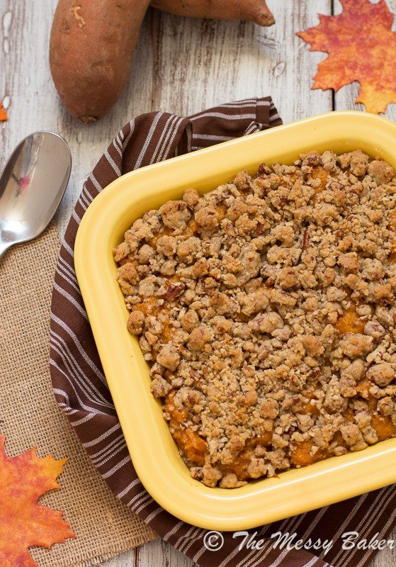 Pecan Streusel Topped Sweet Potato Casserole from themessybaker.com