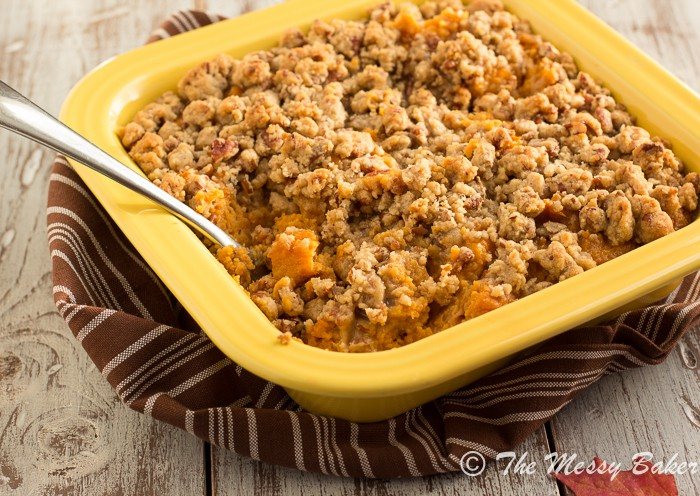 Pecan Streusel Topped Sweet Potato Casserole from themessybaker.com