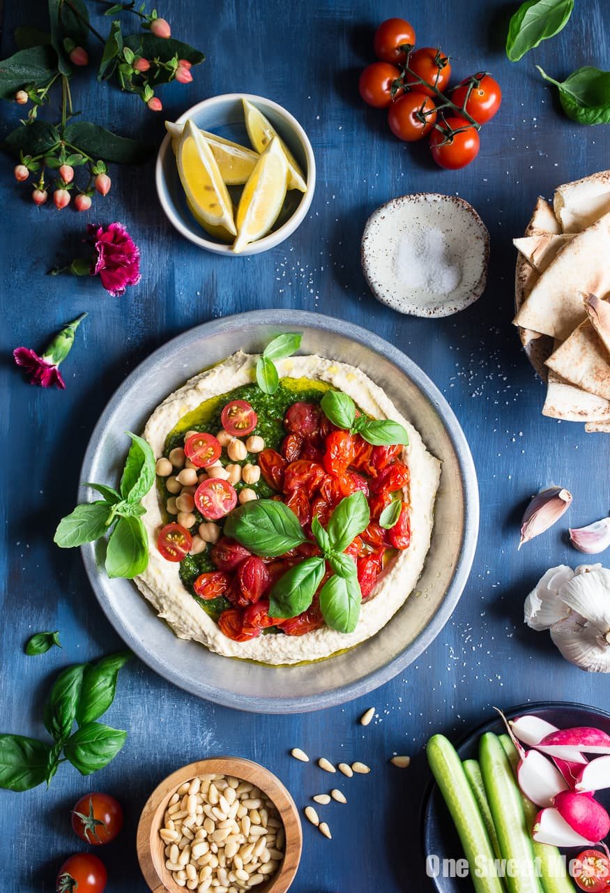 Pesto Hummus with Roasted Cherry Tomatoes