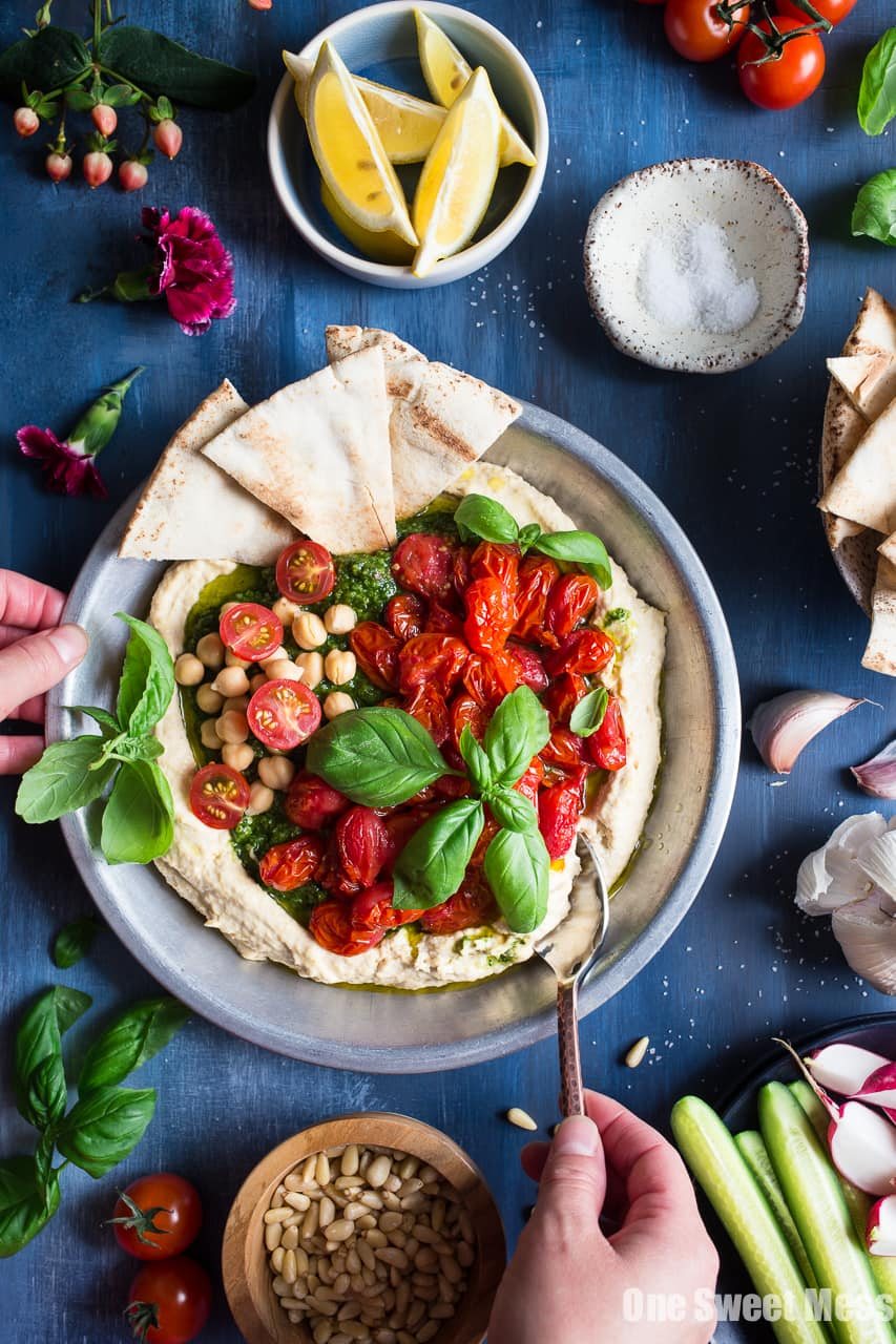 Basil Pesto Hummus with Roasted Cherry Tomatoes