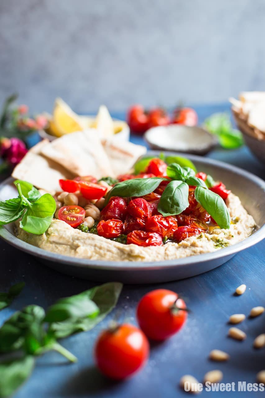 Basil Pesto Hummus with Roasted Cherry Tomatoes