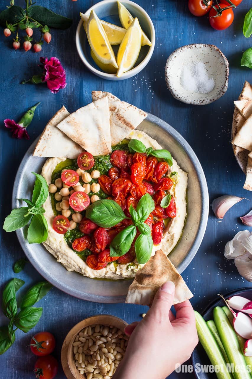 Basil Pesto Hummus with Roasted Cherry Tomatoes