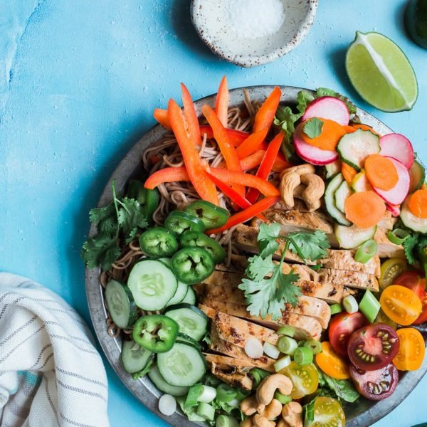 Pineapple Soy Glazed Chicken Bahn Mi Salad with Peanut Dressing